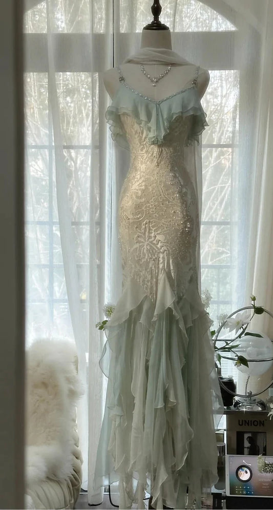 Mint Green Fashionable Elegant Spaghetti Straps Delicate Notes Long Ruffled Mermaid Chiffon Ball Gown Evening Gown Party Gown Prom Gown Graduation Gown nv4034