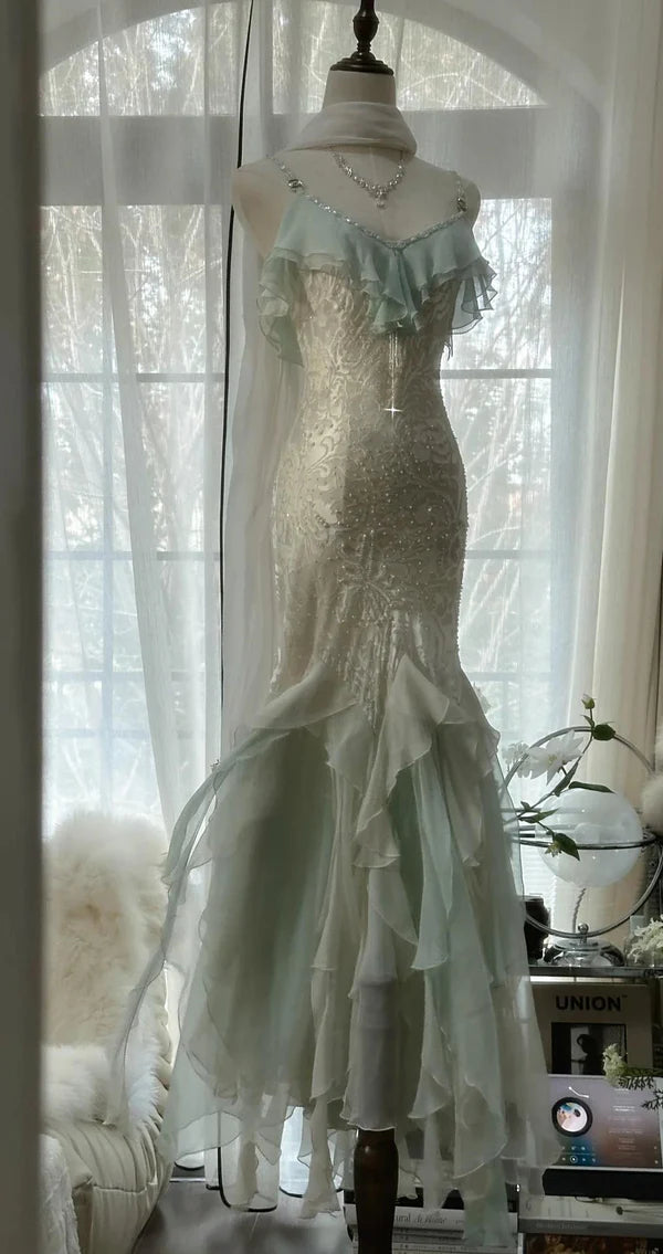 Mint Green Fashionable Elegant Spaghetti Straps Delicate Notes Long Ruffled Mermaid Chiffon Ball Gown Evening Gown Party Gown Prom Gown Graduation Gown nv4034