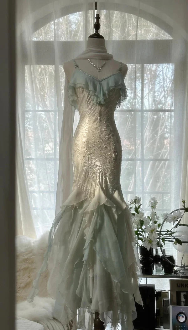 Mint Green Romantic Vintage Mermaid Beaded Long Chiffon Ball Gown Evening Dress Wedding Guest Party Dress Ruffle Fairytale Party Dress nv4109