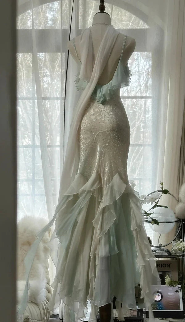 Mint Green Romantic Vintage Mermaid Beaded Long Chiffon Ball Gown Evening Dress Wedding Guest Party Dress Ruffle Fairytale Party Dress nv4109