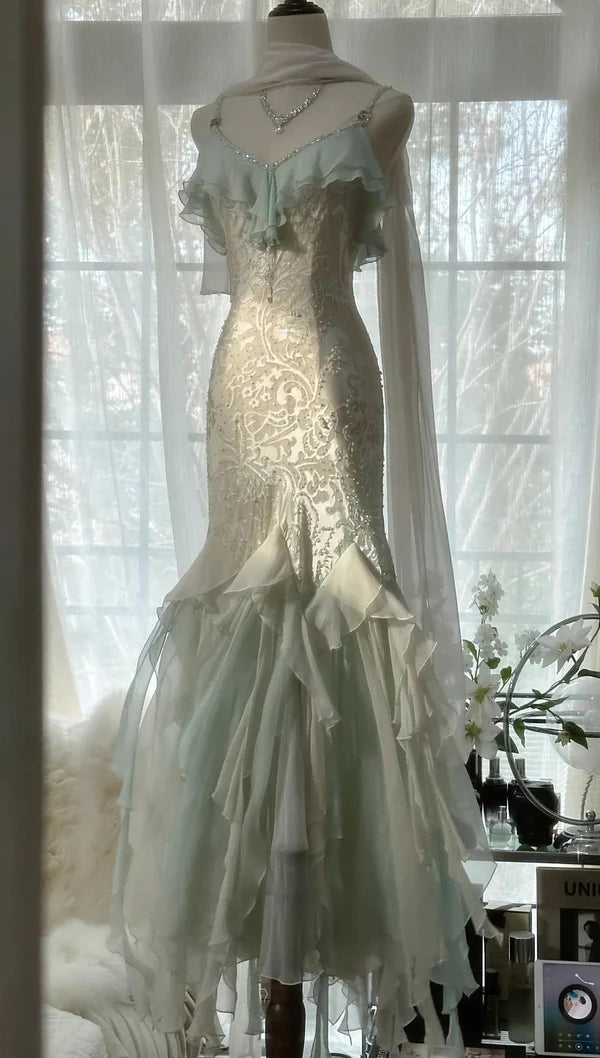 Mint Green Fashionable Elegant Spaghetti Straps Delicate Notes Long Ruffled Mermaid Chiffon Ball Gown Evening Gown Party Gown Prom Gown Graduation Gown nv4034