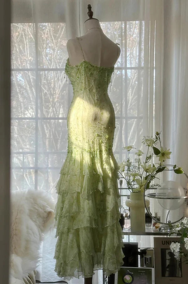 Green Mermaid Vintage Sweetheart Beaded Multi-Layer Long Chiffon Fairytale Ball Gown Party Dress nv4113
