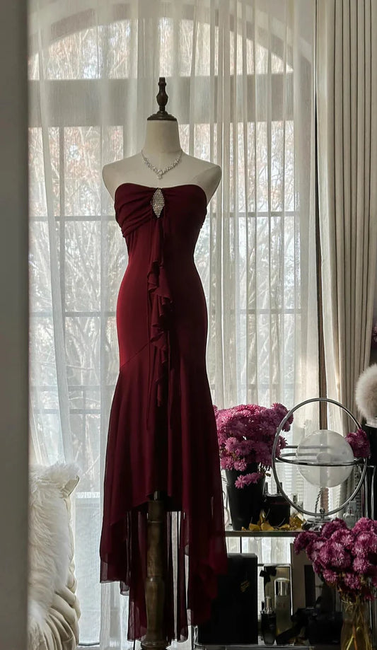 Vintage Red Mermaid Off-the-shoulder Long Chiffon Ball Gown Graduation Prom Dress Party Dress nv3761