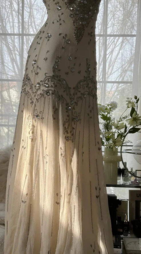 Ivory White Elegant Spaghetti Strap Beaded Chiffon Long Mermaid Gown Ball Gown Evening Gown Party Dress nv4228