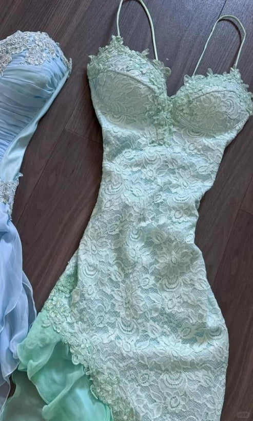 Mint Green Sweet Spaghetti Strap Short Chiffon Homecoming Dress Lace Party Dress nv4270