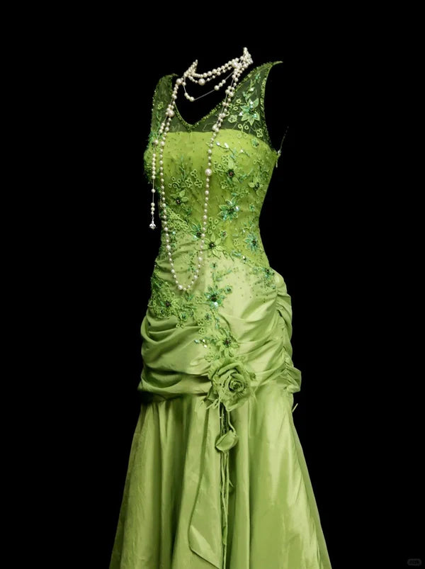 Green floral beaded backless long satin ball gown evening gown graduation dress nv4401