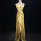 Yellow Beaded Long Vintage Satin Ball Gown Evening Gown Graduation Gown nv4399