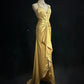Yellow Beaded Long Vintage Satin Ball Gown Evening Gown Graduation Gown nv4399