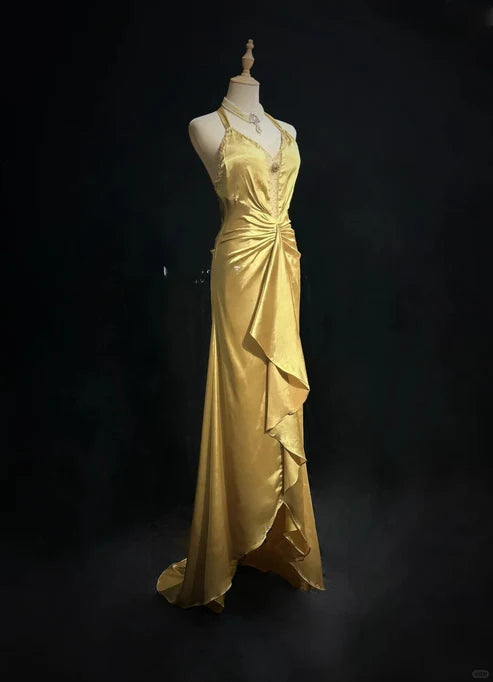 Yellow Beaded Long Vintage Satin Ball Gown Evening Gown Graduation Gown nv4399