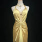 Yellow Beaded Long Vintage Satin Ball Gown Evening Gown Graduation Gown nv4399