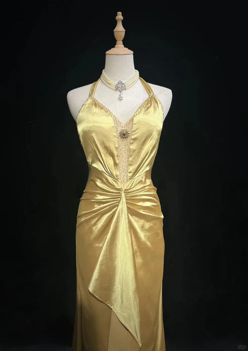 Yellow Beaded Long Vintage Satin Ball Gown Evening Gown Graduation Gown nv4399