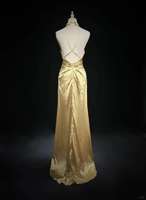 Yellow Beaded Long Vintage Satin Ball Gown Evening Gown Graduation Gown nv4399