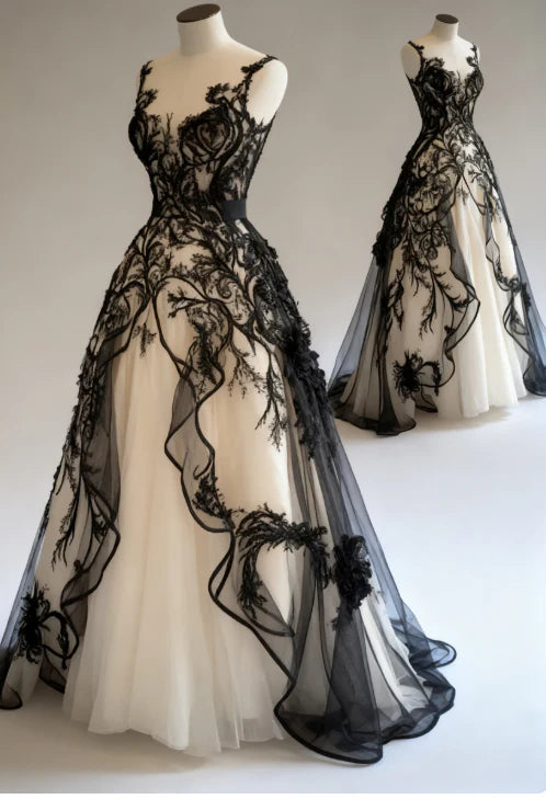 NiceVestidos-Black-White Paneled Lace Tulle Sleeveless Floor-Length Gothic Gown NV6201