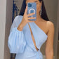 Women's Solid Color Asymmetrical Neckline Hollow Out Lace-up Dress With Ruffle Hem nv1668