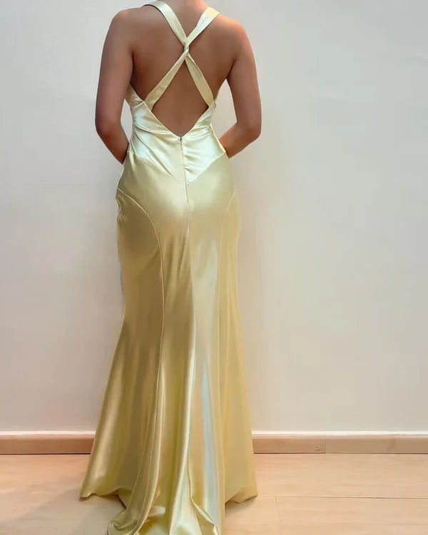 Light Yellow V Neck Vintage Mermaid Long Party Dress Prom Gown Evening Dress nv1945