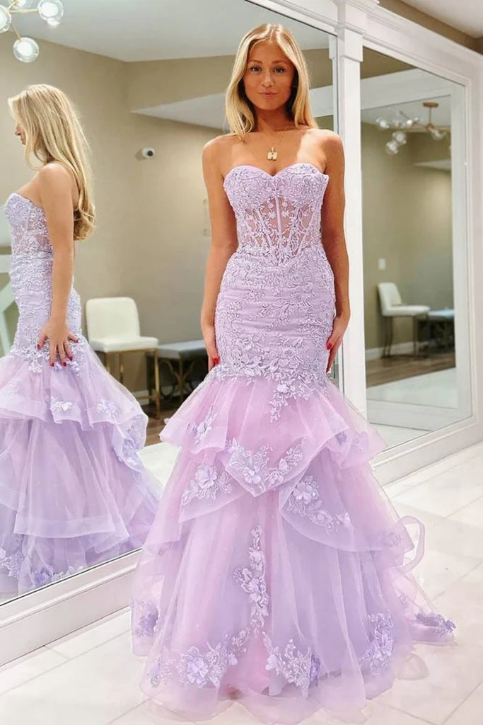 Gorgeous Strapless Mermaid Purple Lace Long Prom Dress Purple Lace Formal Evening Dress Purple Ball Gown  nv1567