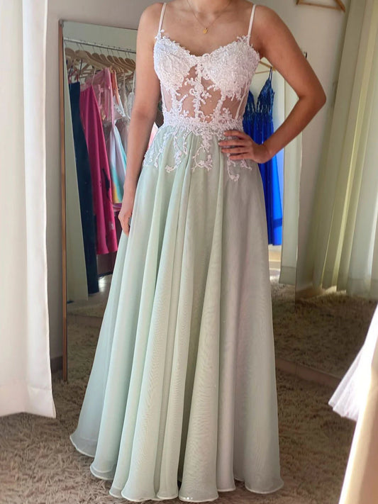 Green White Lace Elegant Long Tulle Ball Gown Evening Dress Party Dress nv4231