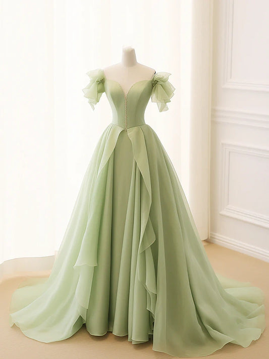 Green A-line Tulle Long Ball Gown Evening Dress nv2012