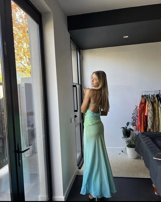 Mermaid Straps Ombre Green Floor Length Backless Prom Dress nv1715