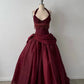 Halter Sleeveless Burgundy Satin Maxi Dress | Luxury Elegant Tassel Waist Ball Gown for Gala Ball NV6299
