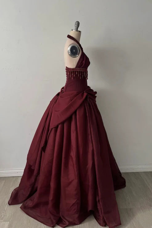 Halter Sleeveless Burgundy Satin Maxi Dress | Luxury Elegant Tassel Waist Ball Gown for Gala Ball NV6299