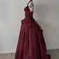 Halter Sleeveless Burgundy Satin Maxi Dress | Luxury Elegant Tassel Waist Ball Gown for Gala Ball NV6299