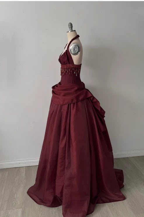 Halter Sleeveless Burgundy Satin Maxi Dress | Luxury Elegant Tassel Waist Ball Gown for Gala Ball NV6299