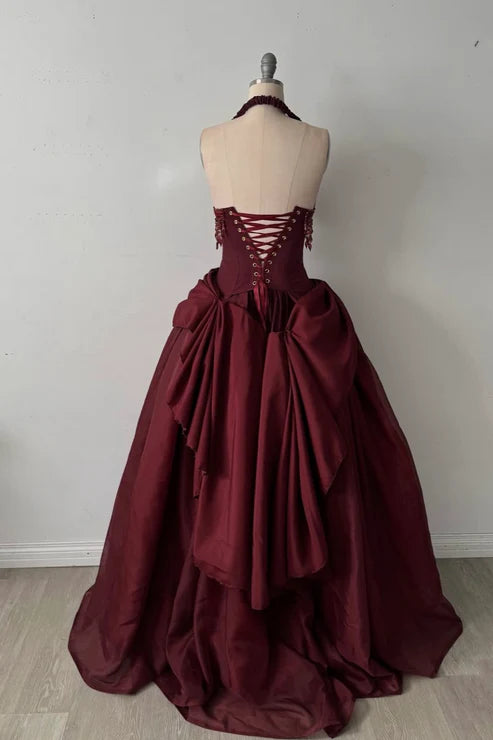 Halter Sleeveless Burgundy Satin Maxi Dress | Luxury Elegant Tassel Waist Ball Gown for Gala Ball NV6299