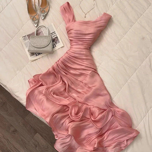 Pink Satin One-shoulder Gown: Banquet Centerpiece Look NV6397