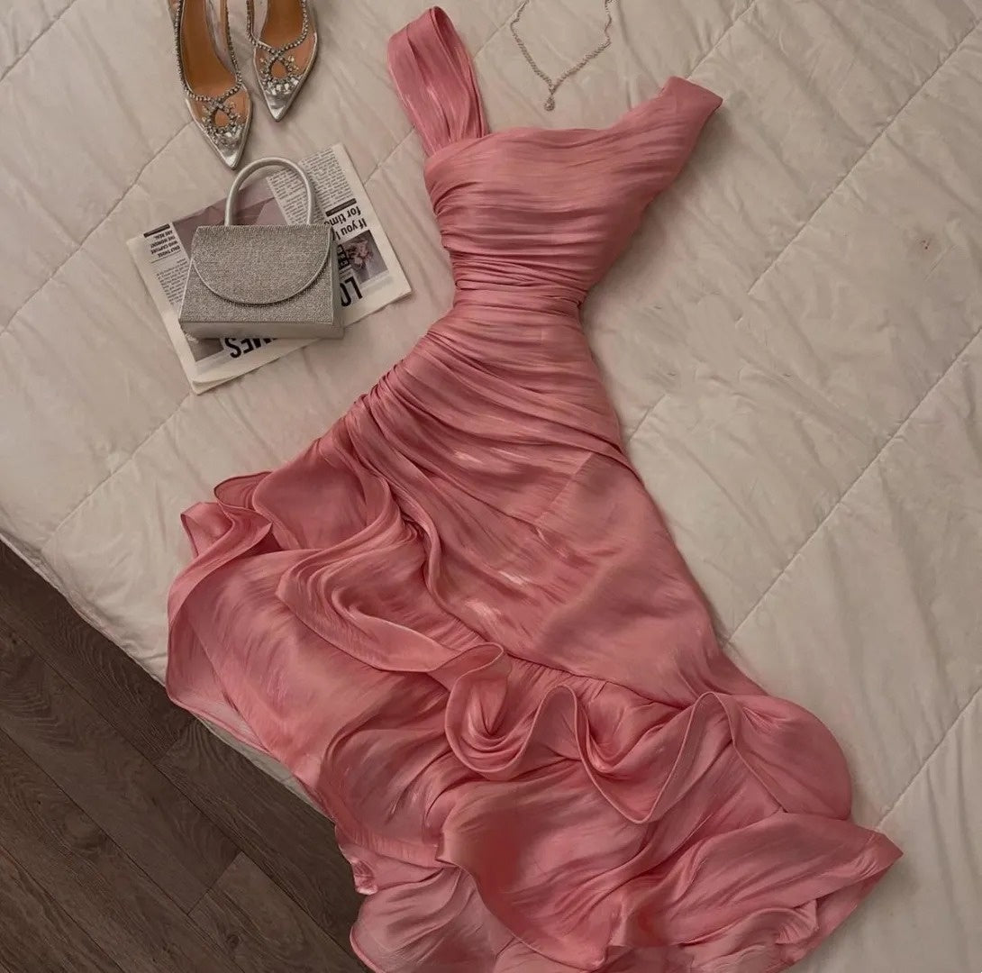 Pink Satin One-shoulder Gown: Banquet Centerpiece Look NV6397