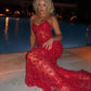 Red fashion sexy elegant lace spaghetti strap long birthday party dress prom dress evening dress nv1355