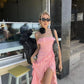 Pink Chiffon Off Shoulder Ruffle Long Slit Prom Dress Bodycon Party Dress Birthday Dress Evening Dress nv2260