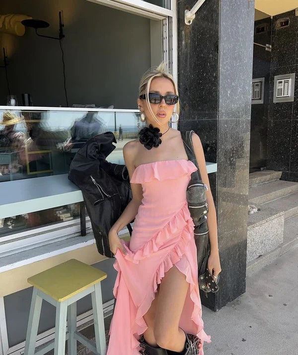 Pink Chiffon Off Shoulder Ruffle Long Slit Prom Dress Bodycon Party Dress Birthday Dress Evening Dress nv2260