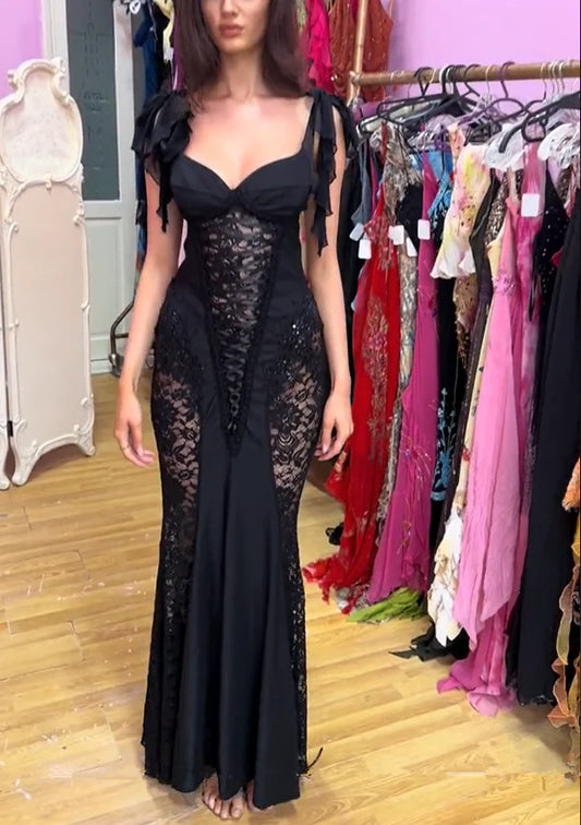 Sexy Black Fringe Lace Mermaid Evening Gown Long Ball Gown Evening Dress nv1857