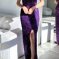 Purple Sequin Bodycon Sexy Square Spaghetti Straps Side Slits Long Party Dress Prom Gown Evening Gown nv2433