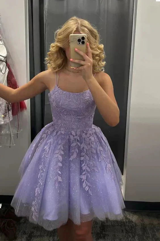 Lilac A-Line Homecoming Dress Applique Tulle Cocktail Gown nv1599