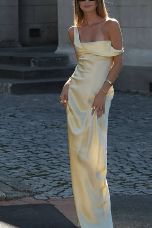Elegant Light Yellow A Line Strap Satin Long Prom Dress Evening Dress nv5393
