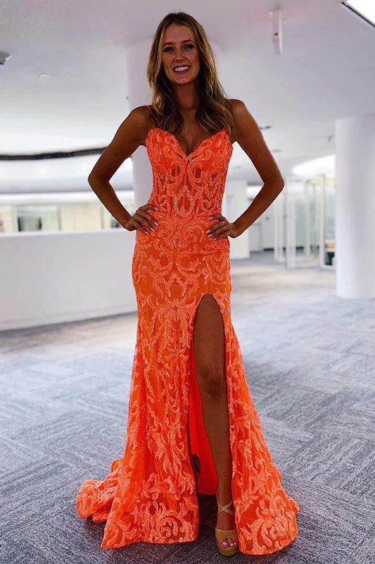 Orange fashion unique V-neck dress long lace mermaid slim fit slit ball gown evening dress nv120