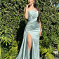 Sexy Asymmetric Mermaid Side Slit Satin Sage Bridesmaid Dresses Chic & Modern Sheath Sleeveless Stain Long Prom Dress with High Side Slit nv1611