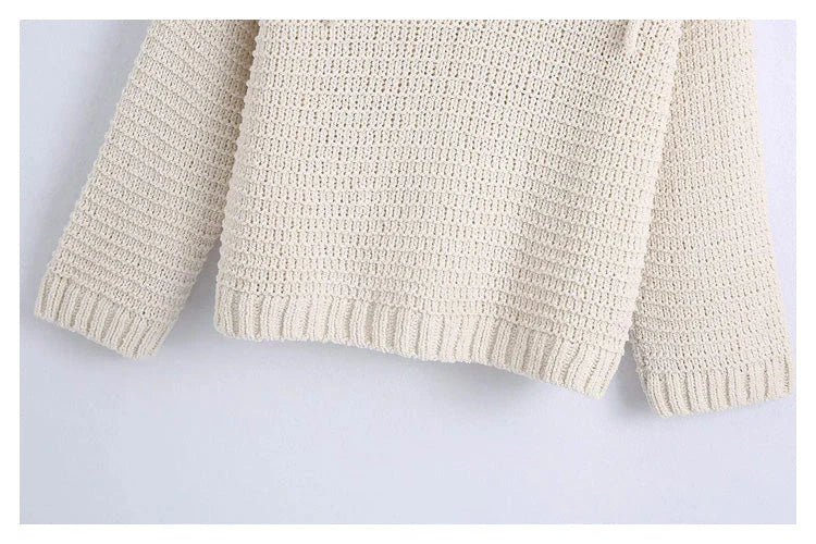 Beige new retro fashion long-sleeved solid color hooded loose knit sweater top 2