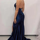 Navy Blue Simple Low Cut V-Neck Backless Slit Long Mermaid Slim Fit Ball Gown Evening Gown Party Dress nv2593