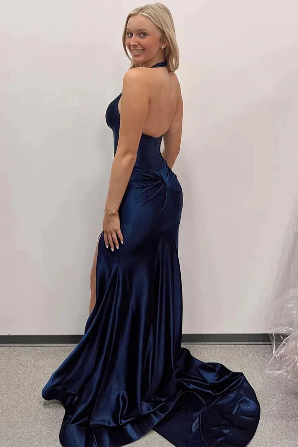 Navy Blue Simple Low Cut V-Neck Backless Slit Long Mermaid Slim Fit Ball Gown Evening Gown Party Dress nv2593