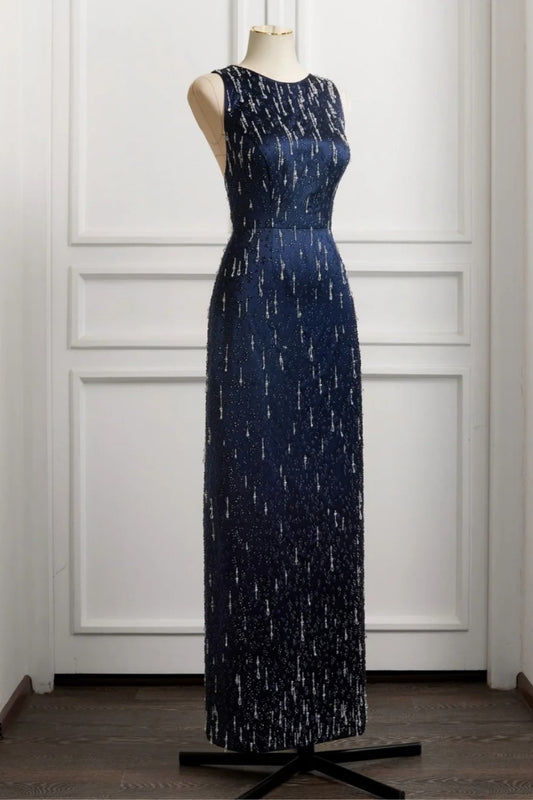NiceVestidos-Navy Blue Luxurious Beaded Formal Evening Gown NV6094