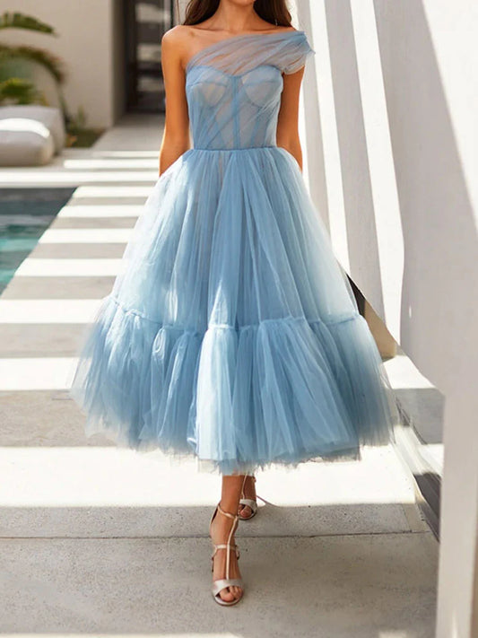 Light Blue Princess A-Line Tulle One Shoulder Homecoming Prom Dress Party Gown nv2243