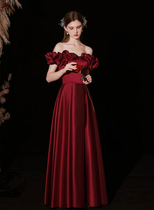 Burgundy satin off-shoulder long evening gown ball gown evening dress nv2358