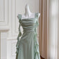 NiceVestidos-Homecoming Dress Mint Green Square Neck Dress Design Sense Ribbon Short Style Petite Summer Slim Satin Dress nv5560
