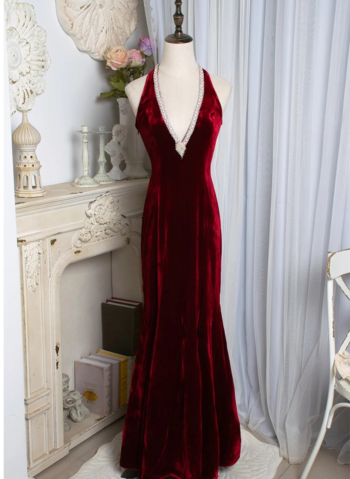 Charming Burgundy Mermaid Velvet Long Ball Gown Evening Gown Party Dress nv1776