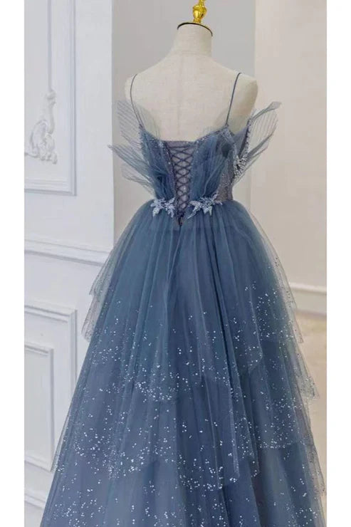 Blue gorgeous shiny elegant applique long tulle ball gown evening gown graduation dress nv55