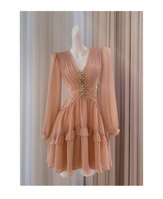 NiceVestidos-Homecoming Dress Floral Champagne Chiffon Gentle And Elegant Short Dress Party Dress nv5553