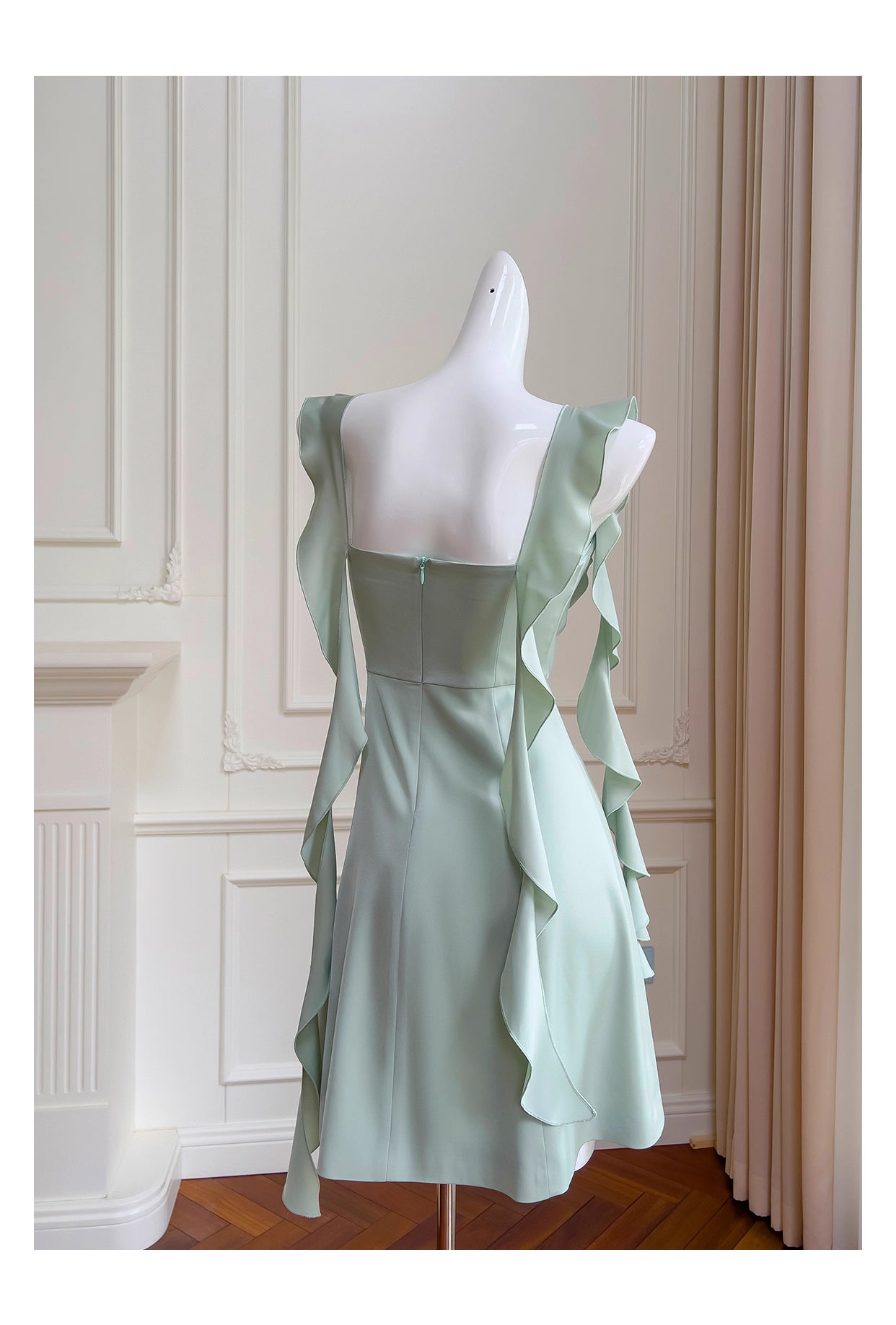 NiceVestidos-Homecoming Dress Mint Green Square Neck Dress Design Sense Ribbon Short Style Petite Summer Slim Satin Dress nv5560